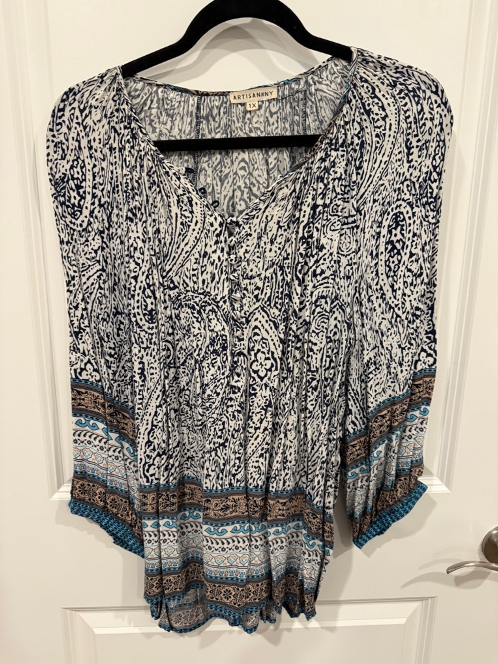 Artisan Ny Navy, White, Brown & Teal Printed Peasant Tunic